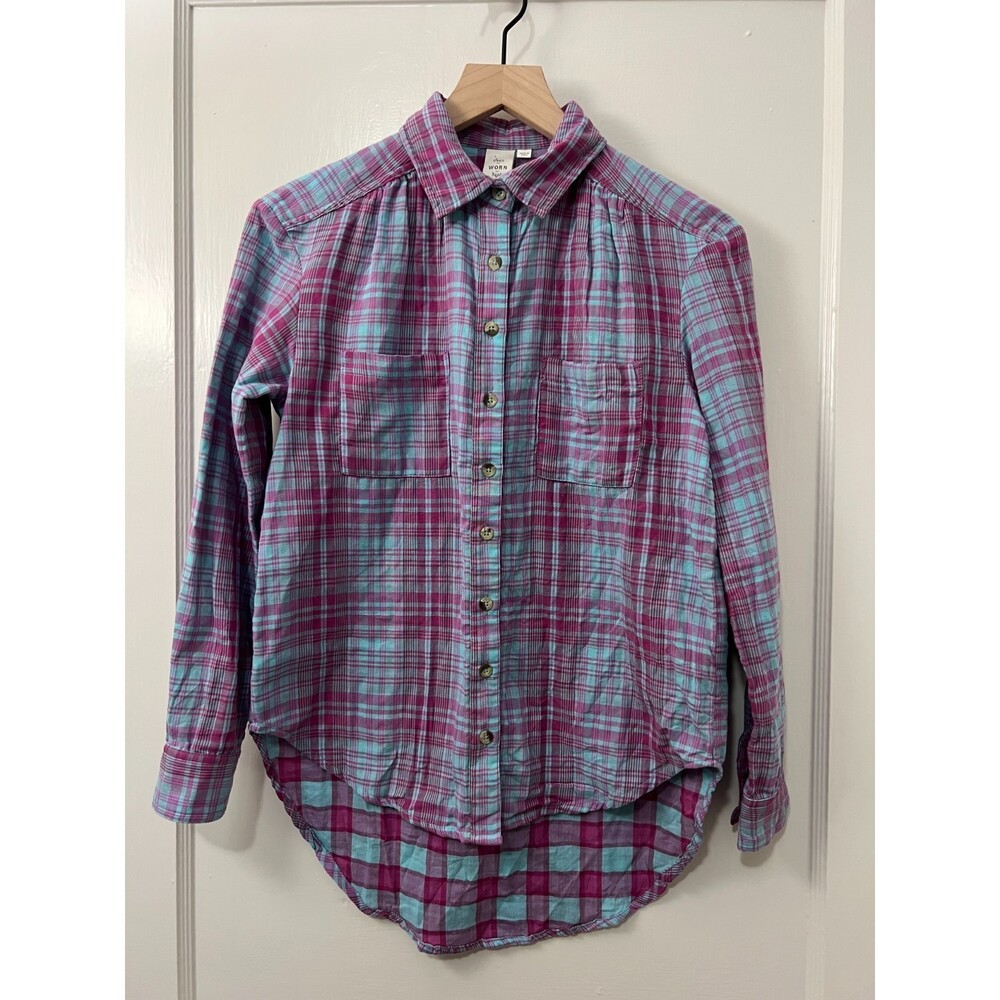 Anthropologie Seen Worn Kept Blue Pink Plaid Cotton Button Up Shirt Women's 0